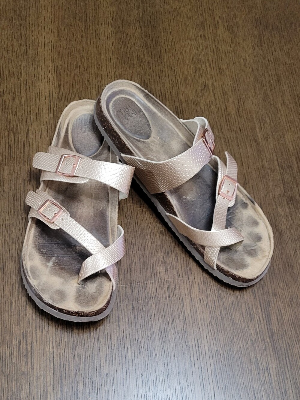 Time and Tru Metallic Rose Gold Double Strap Slide Sandals